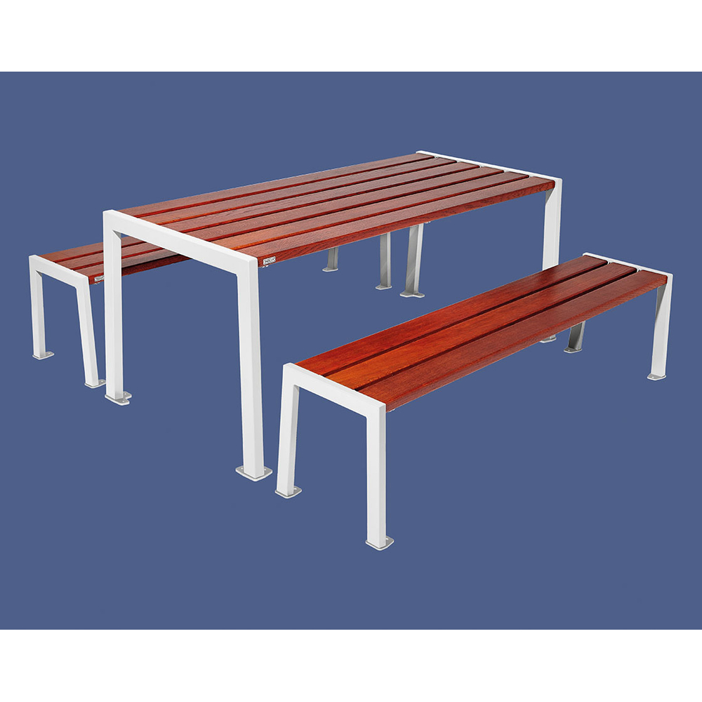 Table de pique-nique Silaos acier et bois RAL9010 - Chêne lasuré acajou - Table + 2 banquettes - PROCITY - 209650.9010.ACAJ