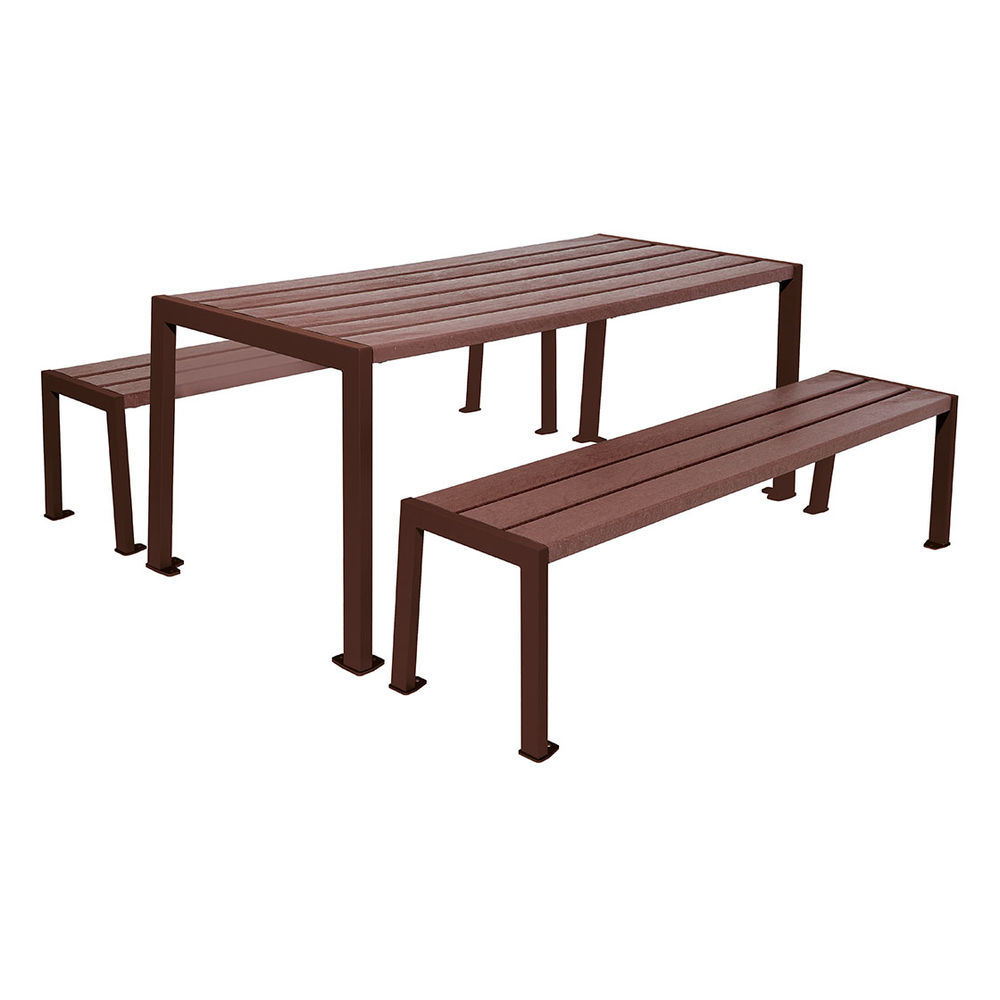Table de pique-nique Silaos acier et plastique recyclé RAL8017 - Table + 2 banquettes - PROCITY - 209654.8017