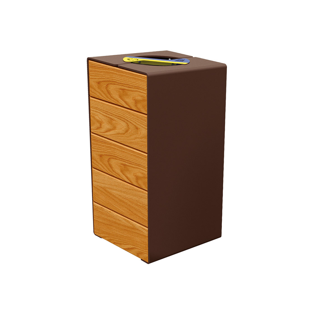 Corbeille KUB tri sélectif acier et bois RAL8017 - lasuré chêne clair - PROCITY - 306181.8017.CHEC