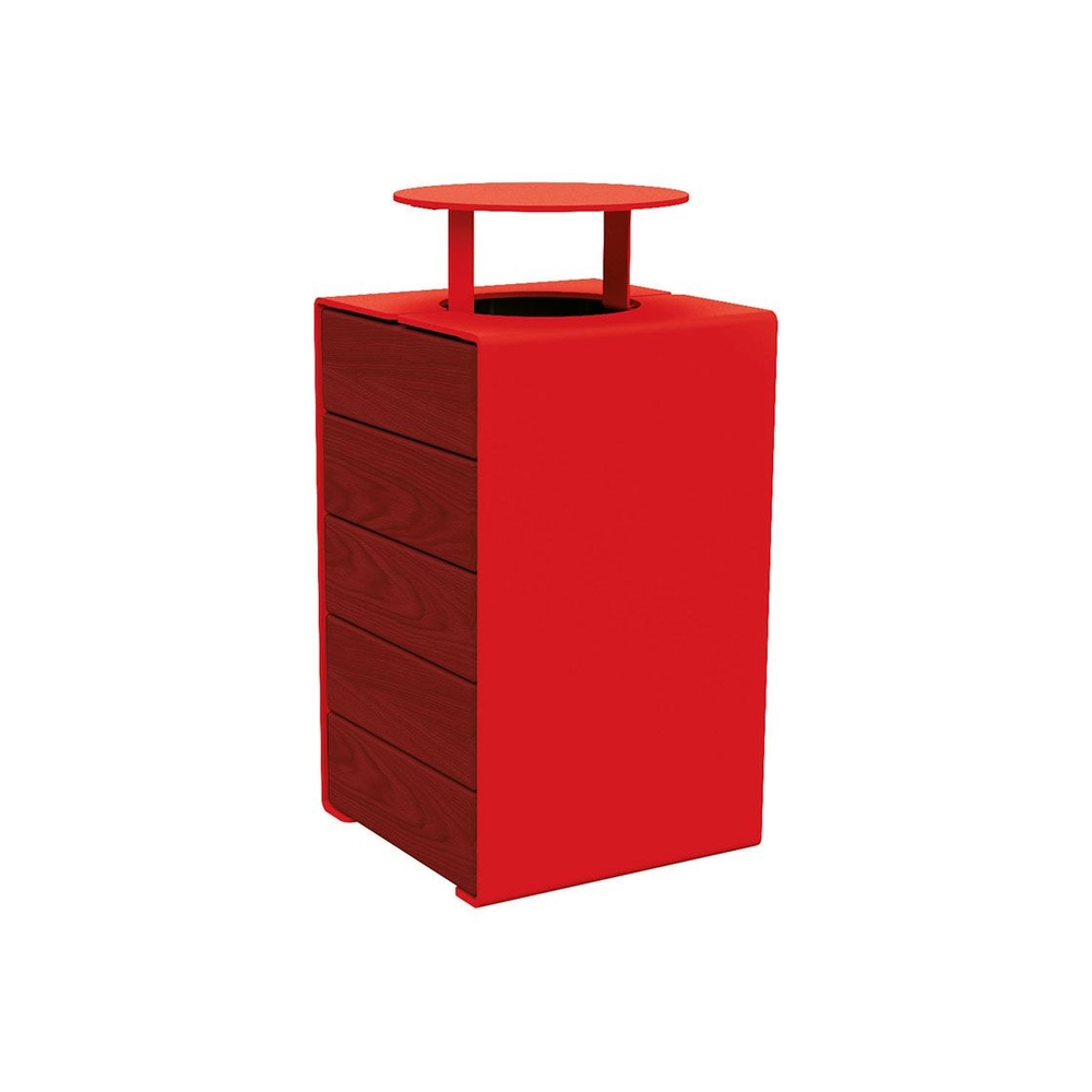 Corbeille KUB acier et bois RAL3020 - lasuré acajou - Version couvercle - PROCITY - 306488.3020.ACAJ