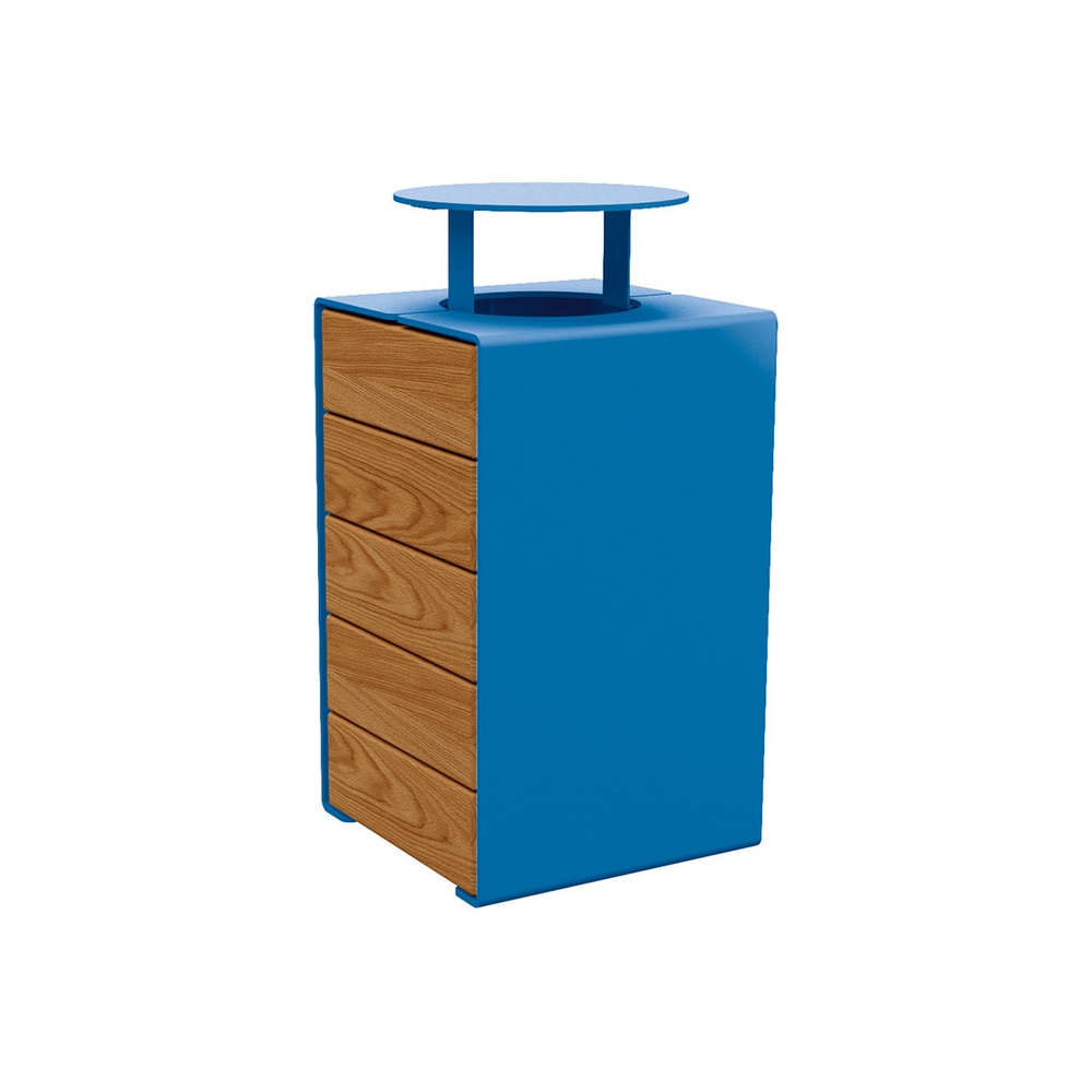 Corbeille KUB acier et bois RAL5010 - lasuré chêne clair - Version couvercle - PROCITY - 306488.5010.CHEC