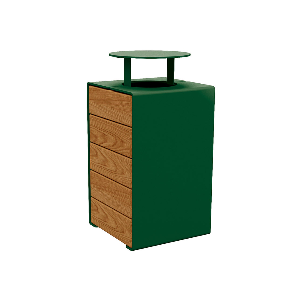 Corbeille KUB acier et bois RAL6005 - lasuré chêne clair - Version couvercle - PROCITY - 306488.6005.CHEC