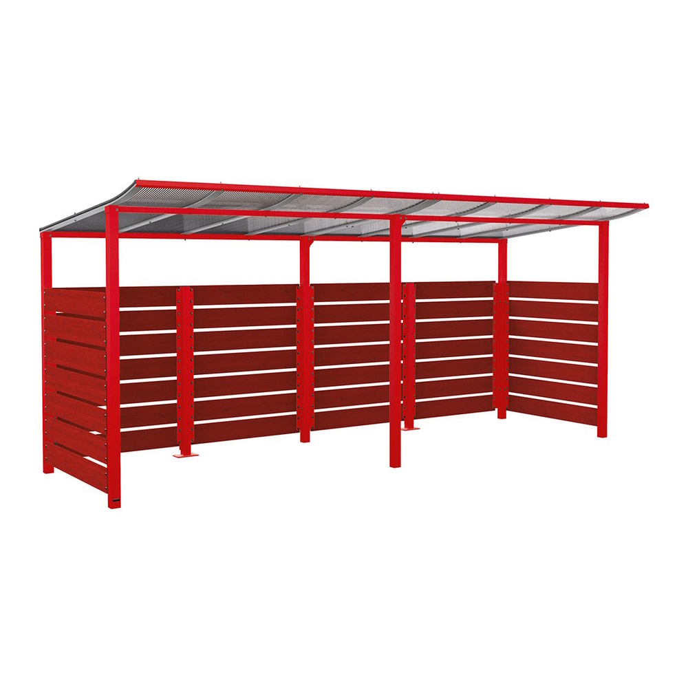 Abri vélos Modulo bardages en stratifié compact RAL3020 - Stratifié acajou - initial + compl + bardages de fond et latéraux - Scellement direct - Prof 2000mm - PROCITY - 529214.3020.ACAJ