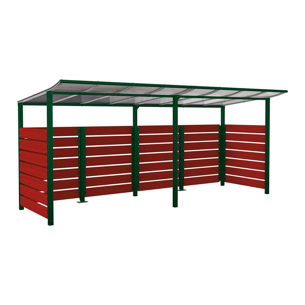 Abri vélos Modulo bardages en stratifié compact RAL6005 - Stratifié chêne clair - initial + compl + bardages de fond et latéraux - Scellement direct - Prof 2000mm - PROCITY - 529214.6005.CHEC