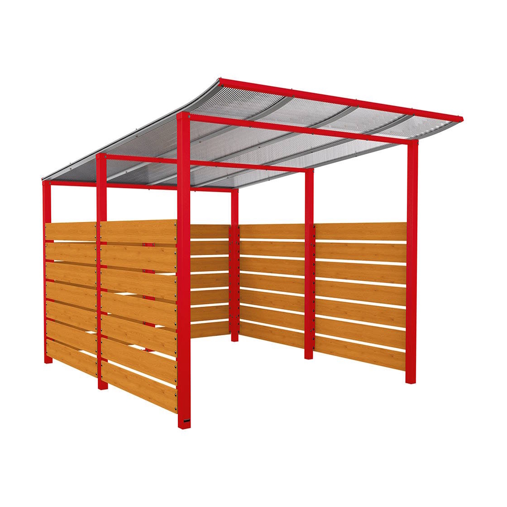 Abri vélos Modulo bardages en stratifié compact RAL3020 - Stratifié chêne clair - Initial + bardage de fond et latéraux - Scellement direct - Prof 3400mm - PROCITY - 529216.3020.CHEC