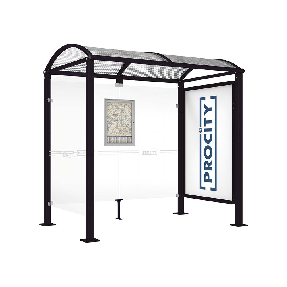 Station bus Voûte - poteaux carrés RAL9005 - 2500 mm - Vitrine 2000mm à droite et bardage gauche - PROCITY - 529338.9005
