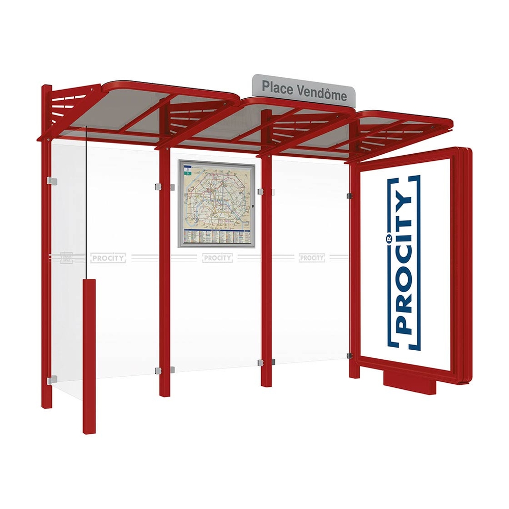 Station bus Conviviale bardages verre RAL3004 - Caisson lumineux VIP à droite et bardage à gauche - PROCITY - 529366.3004