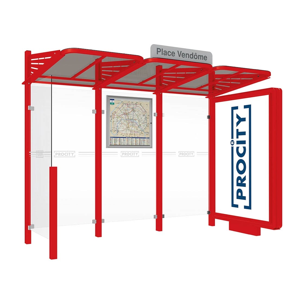 Station bus Conviviale bardages verre RAL3020 - Caisson lumineux VIP à droite et bardage à gauche - PROCITY - 529366.3020