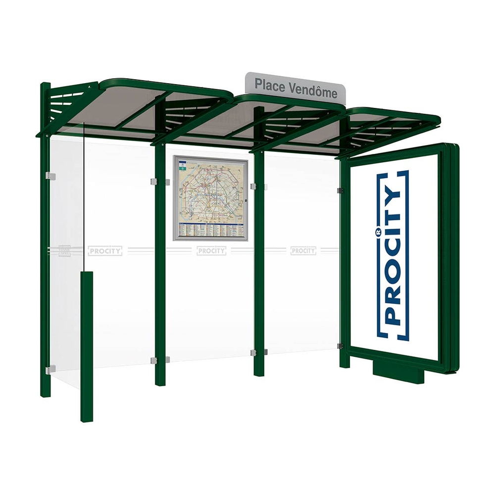Station bus Conviviale bardages verre RAL6005 - Caisson lumineux VIP à droite et bardage à gauche - PROCITY - 529366.6005