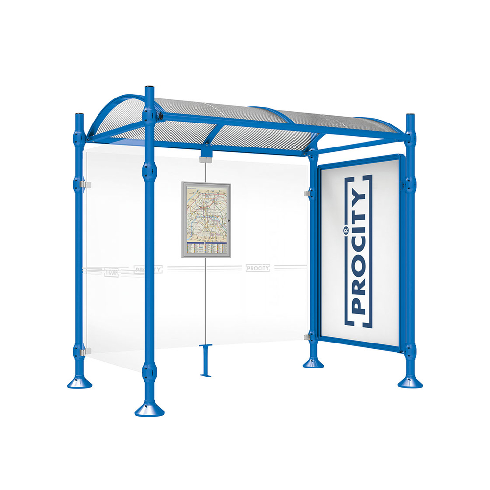 Station bus Province Inox brossé RAL5010 - 2500 mm - une vitrine 2000mm et un bardage latéral - PROCITY - 529383.5010