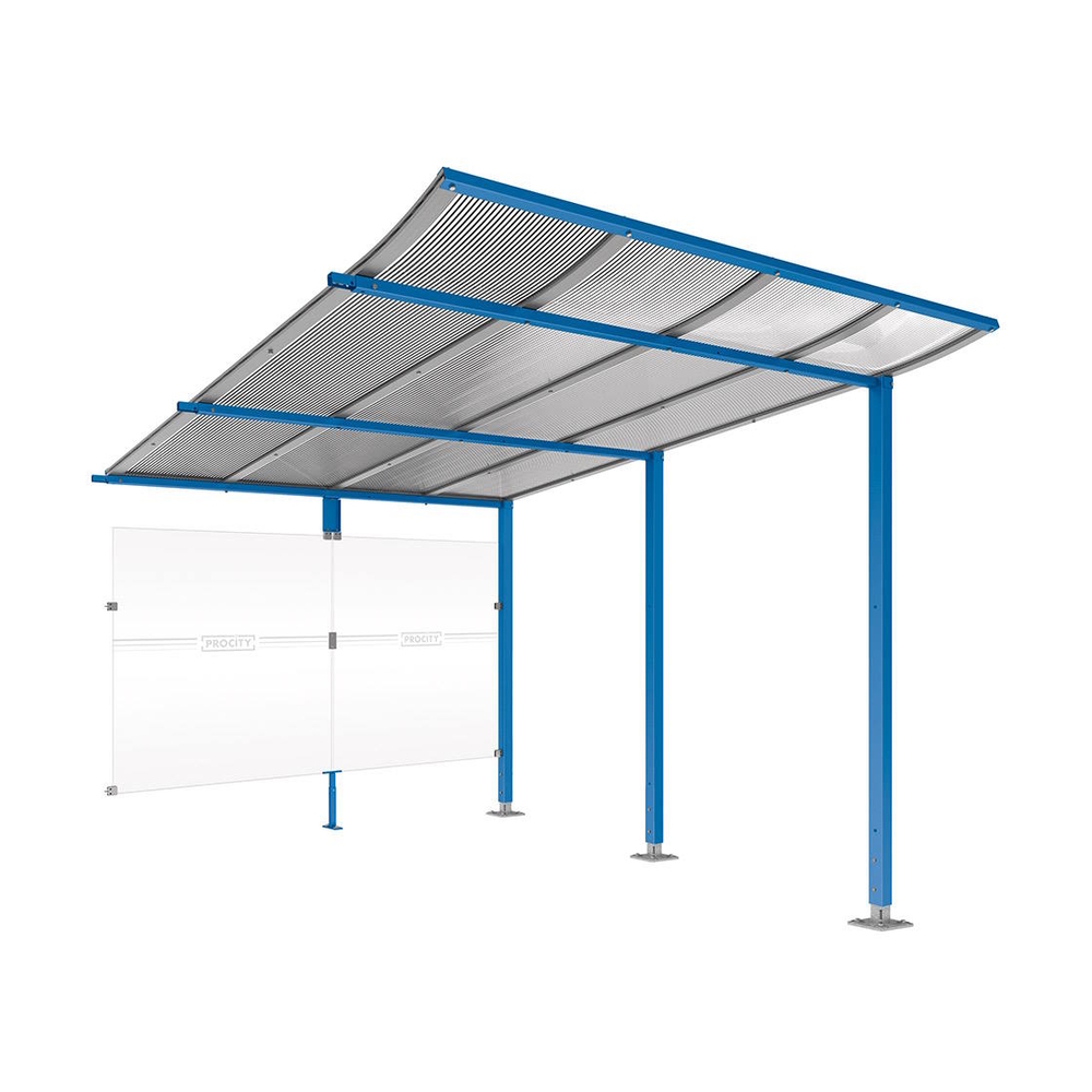 Abri vélos Modulo bardages en verre RAL5010 - compl + bardage de fond - Sur platines - Prof 3400mm - PROCITY - 599192.5010