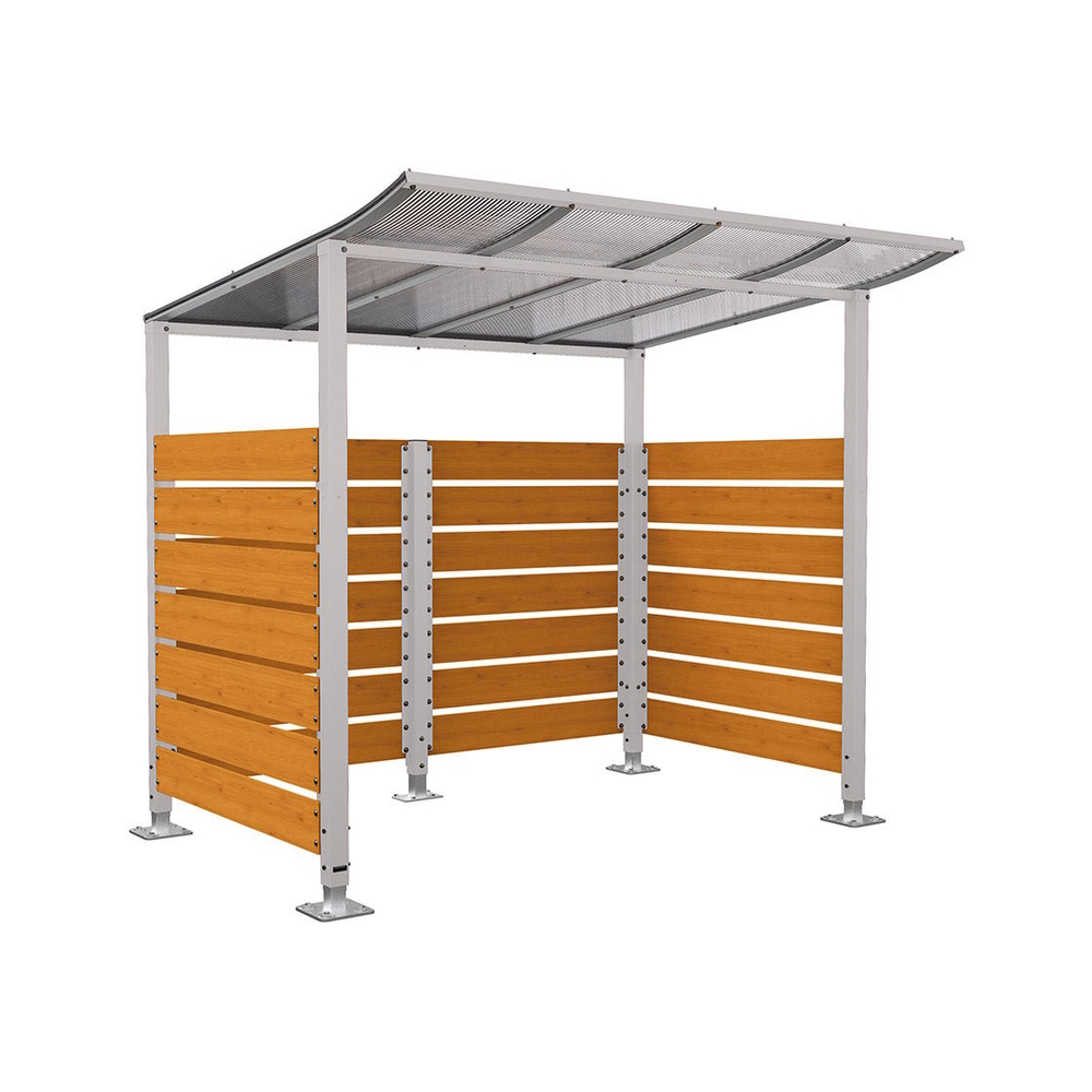 Abri vélos Modulo bardages en stratifié compact RAL7044 - Stratifié chêne clair - Initial + bardage de fond et latéraux - Sur platines - Prof 2000mm - PROCITY - 599213.7044.CHEC