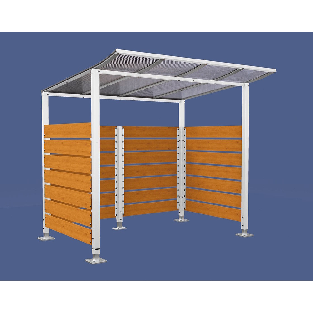 Abri vélos Modulo bardages en stratifié compact RAL9010 - Stratifié chêne clair - Initial + bardage de fond et latéraux - Sur platines - Prof 2000mm - PROCITY - 599213.9010.CHEC