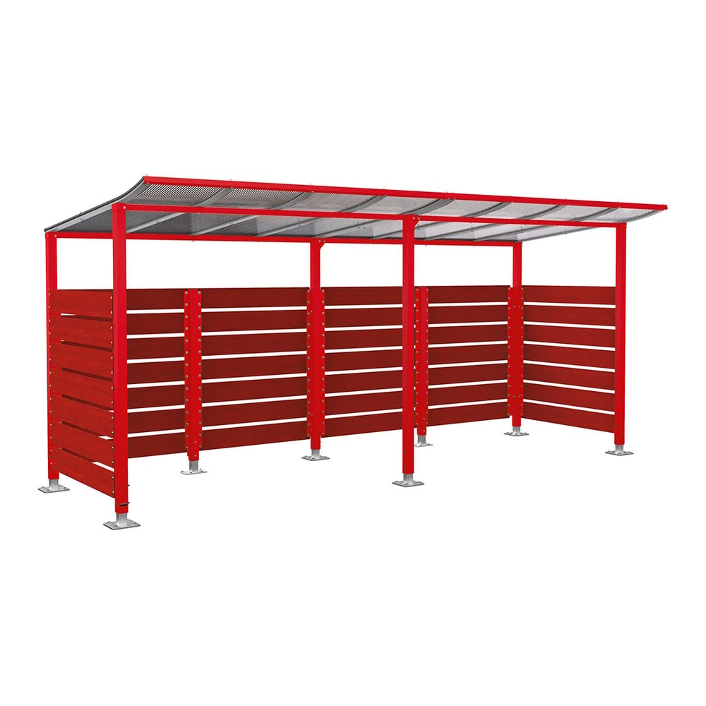 Abri vélos Modulo bardages en stratifié compact RAL3020 - Stratifié acajou - initial + compl + bardages de fond et latéraux - Sur platines - Prof 2000mm - PROCITY - 599214.3020.ACAJ