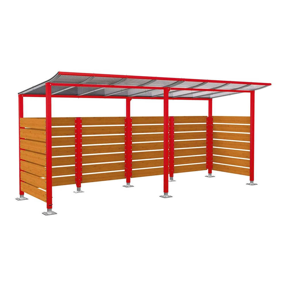 Abri vélos Modulo bardages en stratifié compact RAL3020 - Stratifié chêne clair - initial + compl + bardages de fond et latéraux - Sur platines - Prof 2000mm - PROCITY - 599214.3020.CHEC