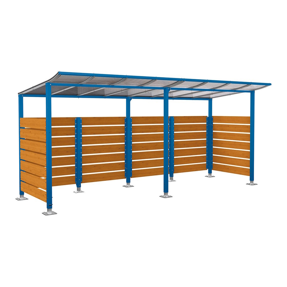 Abri vélos Modulo bardages en stratifié compact RAL5010 - Stratifié chêne clair - initial + compl + bardages de fond et latéraux - Sur platines - Prof 2000mm - PROCITY - 599214.5010.CHEC