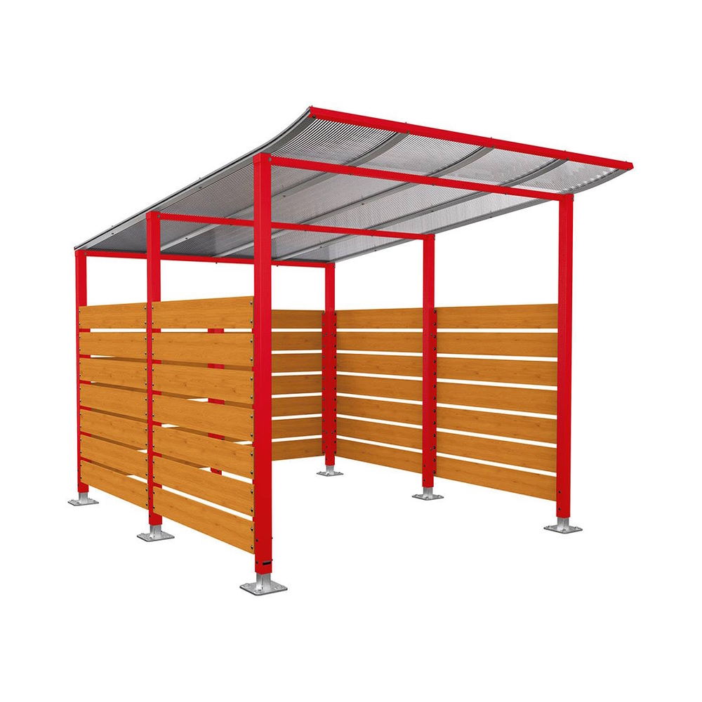 Abri vélos Modulo bardages en stratifié compact RAL3020 - Stratifié chêne clair - Initial + bardage de fond et latéraux - Sur platines - Prof 3400mm - PROCITY - 599216.3020.CHEC