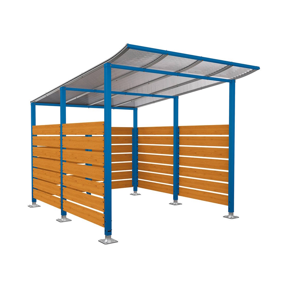 Abri vélos Modulo bardages en stratifié compact RAL5010 - Stratifié chêne clair - Initial + bardage de fond et latéraux - Sur platines - Prof 3400mm - PROCITY - 599216.5010.CHEC