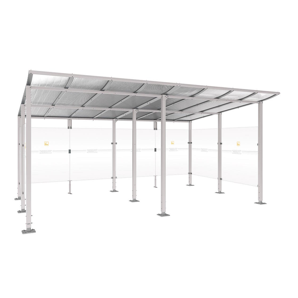 Abri fumeurs Modulo RAL7044 - Sans bardage de retour avant - Sur platines - Long 5000mm Prof 3400mm - PROCITY - 599577.7044