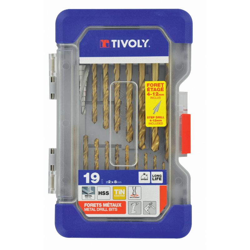 19 pièces -18 forets métaux laminés revêtus TiN Ø 2 à 8mm + 1 foret étagé TIVOLY - 11437370001