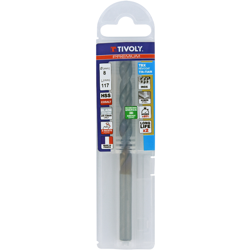 Foret métaux HSS-E5 TBX -Revêtu BLADE -DIN338 -h8 -Affûtage 4 faces Ø: 8 L: 117 TIVOLY - 11456140800