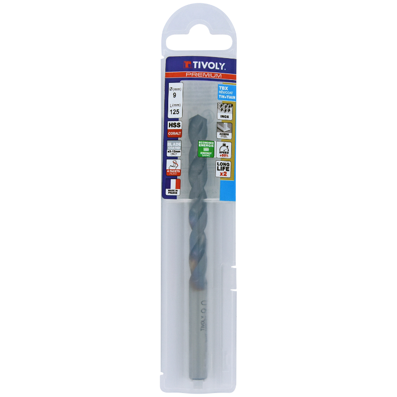 Foret métaux HSS-E5 TBX -Revêtu BLADE -DIN338 -h8 -Affûtage 4 faces Ø: 9 L: 125 TIVOLY - 11456140900