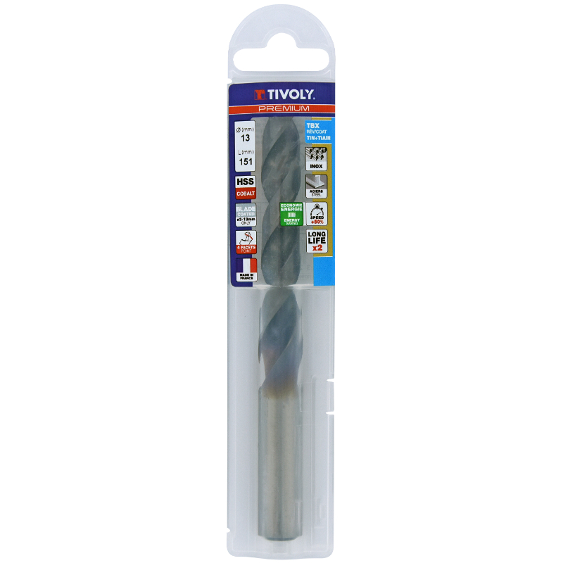Foret métaux HSS-E5 TBX -Revêtu BLADE -DIN338 -h8 -Affûtage 4 faces Ø: 13 L: 151 TIVOLY - 11456141300