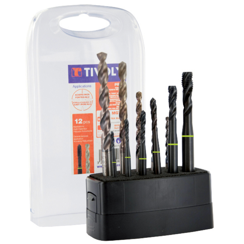 12 pièces - 6 tarauds HSS Multi-applications HELICO ISO529 M3 à M10 + 6 forets TBX HSSE5% cobalt revêtus Blade TECHNIC TIVOLY - 11900170024