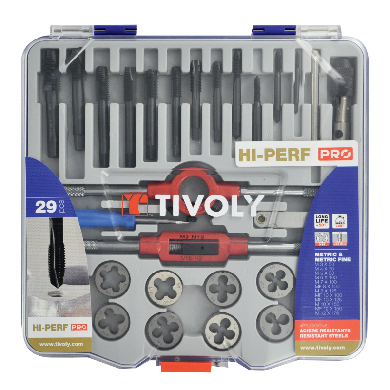 29 pièces - 12 tarauds HSS STEAM GUN DIN352 + 12 filières HSS Ø 25.4 M3 à M12 + 2 tournes à gauche + 1 porte-filière + accessoires TIVOLY - 11900870017