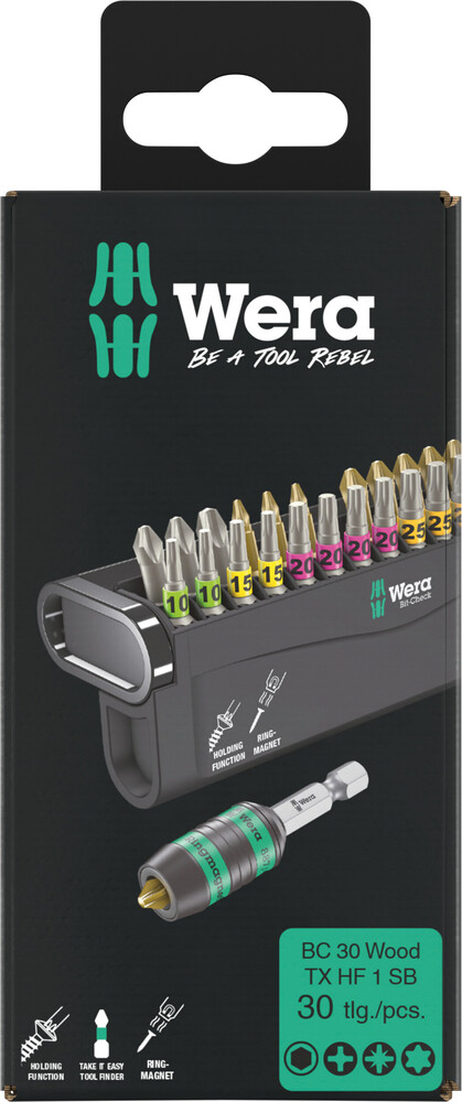 Jeu d'embouts avec porte-embouts Bit-Check 30 Wood TORX HF 1 SB Wera - 05057437001
