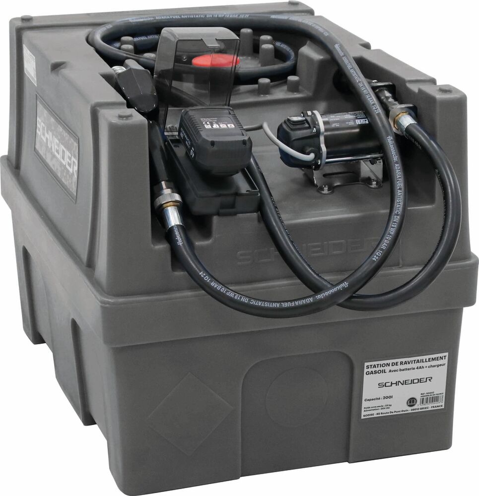 Cuve de ravitaillement gasoil PE 200L avec kit pompe à gasoil avec plateforme 20V Li-ion et 1 batterie 4Ah SCHNEIDER - 50442