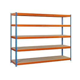 Étagère charge moyenne 500 à 600kg - 2500x1200x450 - 5 niveaux Bleu/Orange/Bois - SIMON RACK - 8435104956786
