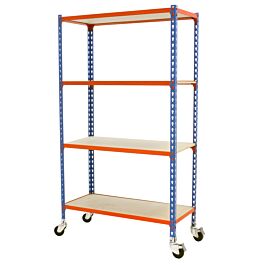 Rayonnage mobile bois-métal léger sans vis 1575x1000x400 - 4 niveaux Bleu/Orange - SIMON RACK - 8435104963586