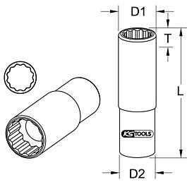 Douille longue 12 pans 3/8’’, 3/4