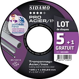 LOT DE 5 DISQUES A TRONCONNER D.125 x 1 x 22,23 PRO ACIER INOX SIDAMO 10111081