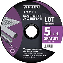 LOT DE 5 DISQUES A TRONCONNER D.230 x 2.5 x 22,23 EXPERT ACIER INOX SIDAMO 10111086