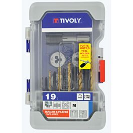 19 pièces -6 tarauds DIN 352 + 6 filières hexagonales M3 à M10 + 1 tourne à gauche + 6 forets HSS rectifiés revêtu TiN TIVOLY - 11900970015