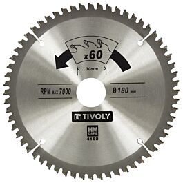 Lames de scie circulaire -Finition -Pour plastique, aluminium, bois durs -Pour scie portative Ø: 180 x Ø2: 30 x Z: 60 TIVOLY - XT50514004162