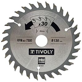 Lame de scie circulaire -Finition - Pour Bois dur, stratifié, parquet -Pour scie portative Ø: 130 x Ø2: 20 x Z: 30 TIVOLY - XT50514004164