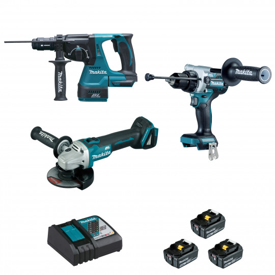 Pack MAKITA 3 machines 18V DGA506 + DHR243 + DDF486 avec batteries 5Ah DLX3157TJ