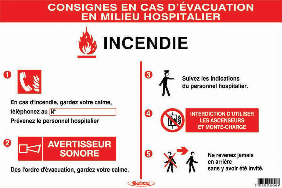 CONSIGNES INCENDIE EN MILIEU HOSPITALIER 450X300mm TALIAPLAST - 620002
