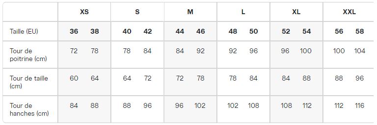 Guide des tailles Diadora hauts femmes