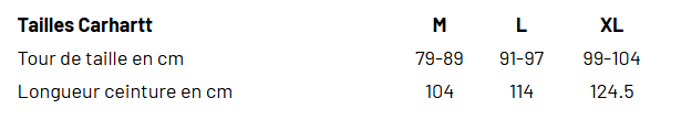 Guide des tailles Carhartt hommes ceinture