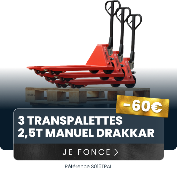 Lot 3 transpalettes manuel 2,5T DRAKKAR Equipement fourche 1150x550mm Lot 3 transpalettes manuel 2,5T DRAKKAR Equipement fourche 1150x550mm