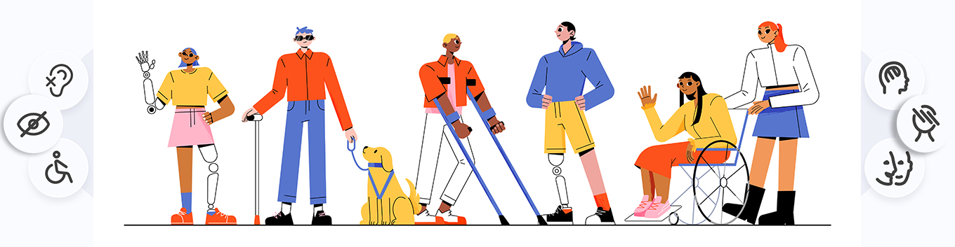 Illustration de personnes avec différents handicaps, utilisant prothèses, canne, chien guide et fauteuil roulant, réunies de façon inclusive