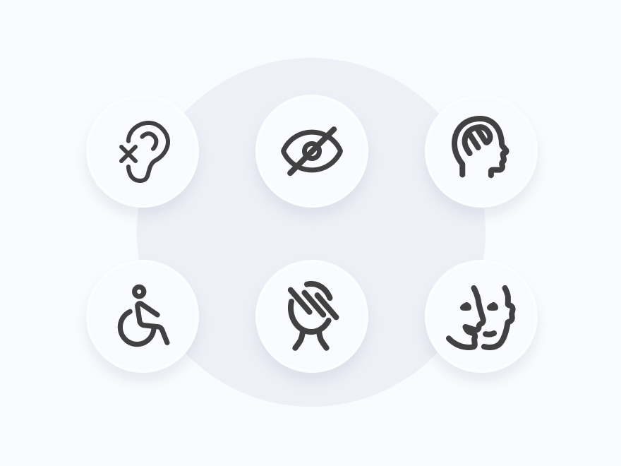Illustration de personnes avec différents handicaps, utilisant prothèses, canne, chien guide et fauteuil roulant, réunies de façon inclusive